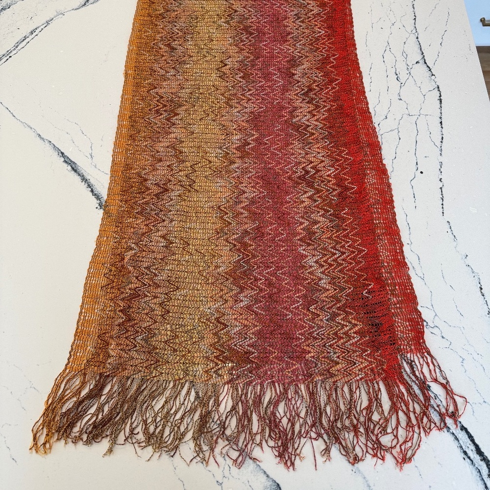 Missoni Italy Zigzag Knit Scarf Orange Red Chevron Fringe Lightweight